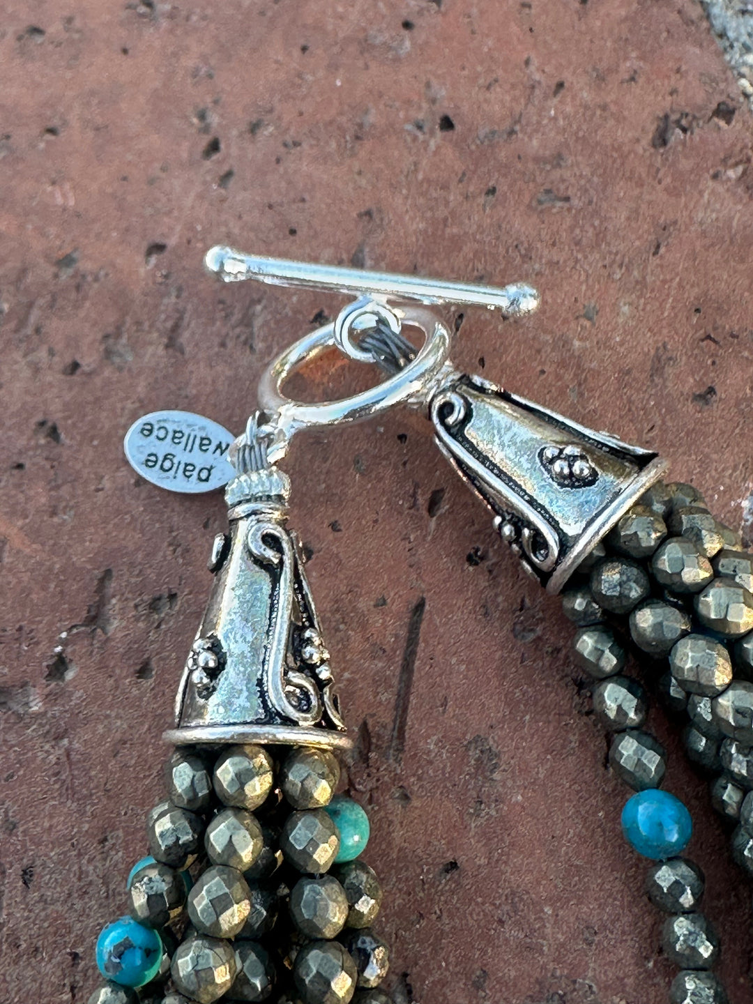 Paige Wallace Handmade Pyrite, Turquoise & Sterling Silver Beaded 8 Strand Bracelet