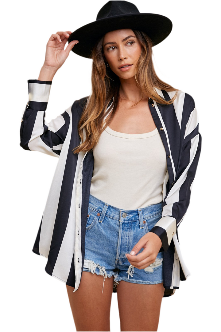 Annie Striped Dropped Shoulder Button-Up Shirt