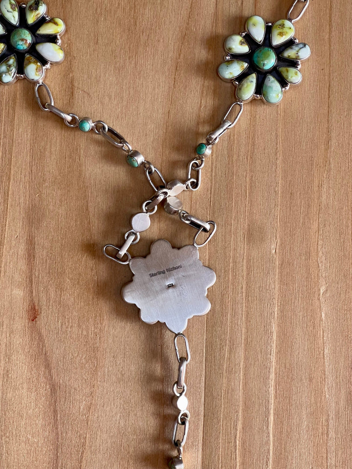Handmade Sterling Silver & Palomino And Kingman Turquoise Cluster Lariat Necklace