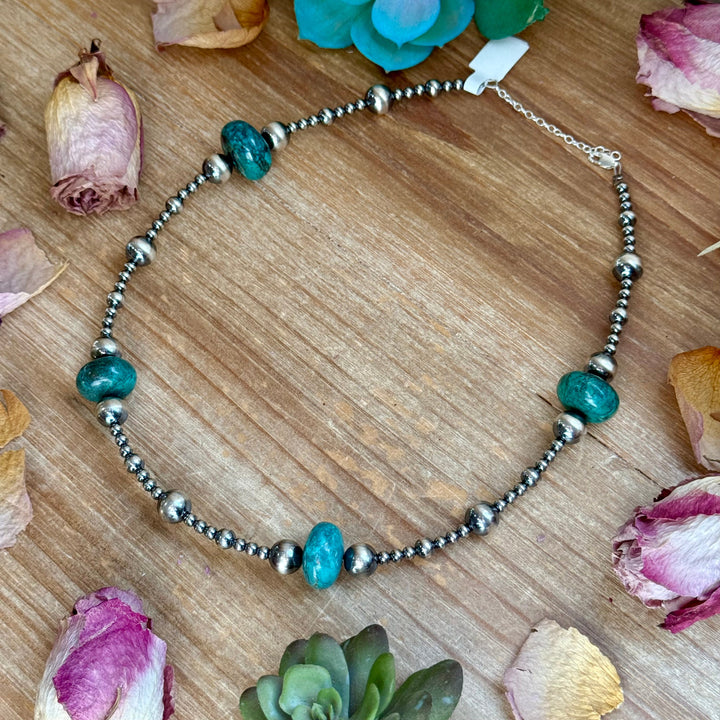 18.5” Turquoise & Sterling Silver Pearls Necklace