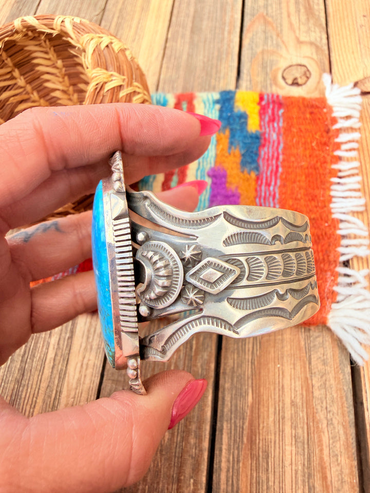 Handcrafted Kingman Web Turquoise & Sterling Silver Cuff Bracelet By Aaron Toadlena