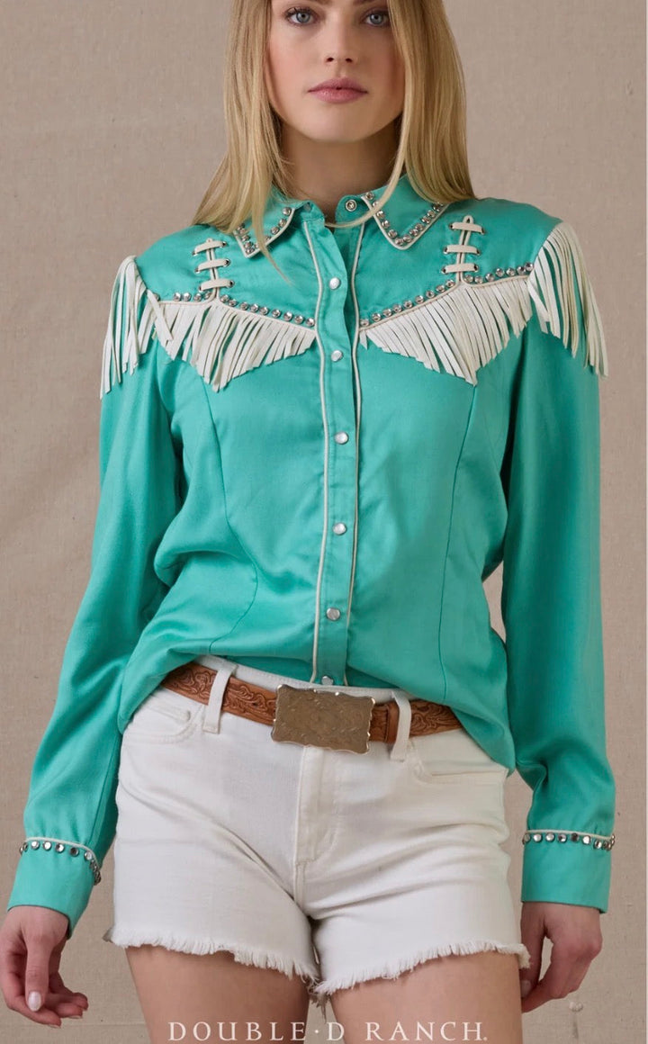 Double D Ranch Rodeo and Rhinestones Long Sleeve Western Blouse Neon Spur