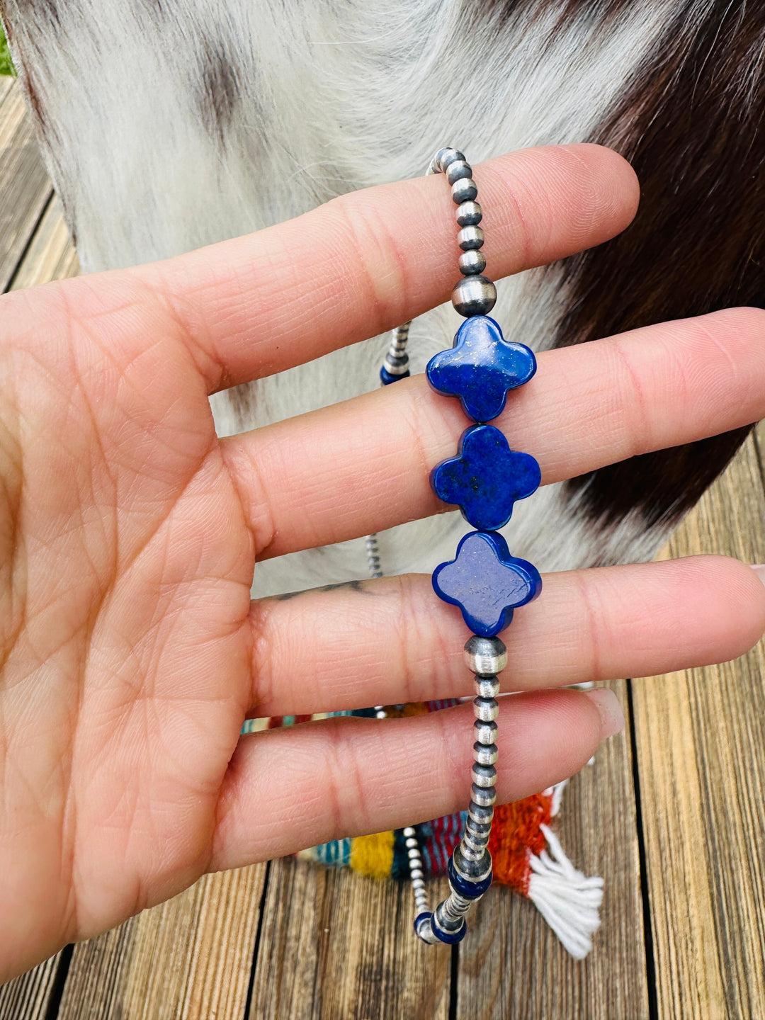 Handcrafted Lapis & Sterling Silver Pearl Cross Beaded Necklace Nizhoni Traders LLC