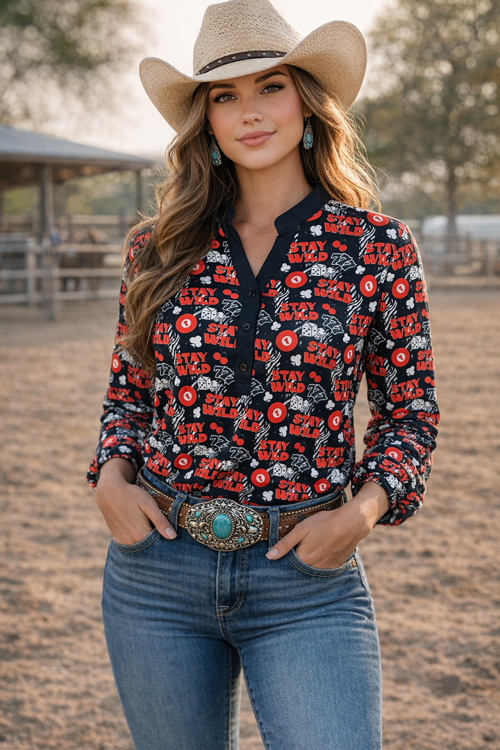 Stay Wild Quarter Button Long Sleeve Pullover Rodeo Shirt Blouse