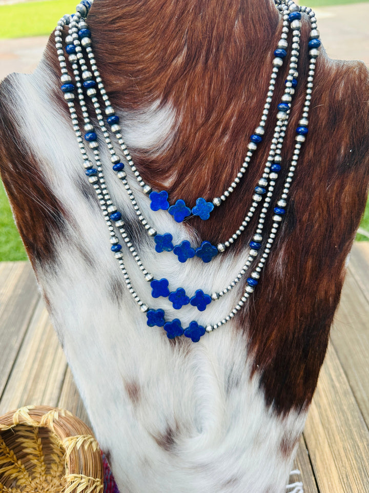 Handcrafted Lapis & Sterling Silver Pearl Cross Beaded Necklace Nizhoni Traders LLC