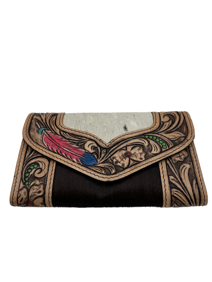 Tooled Leather Feather Detail Hair On Hide Wallet