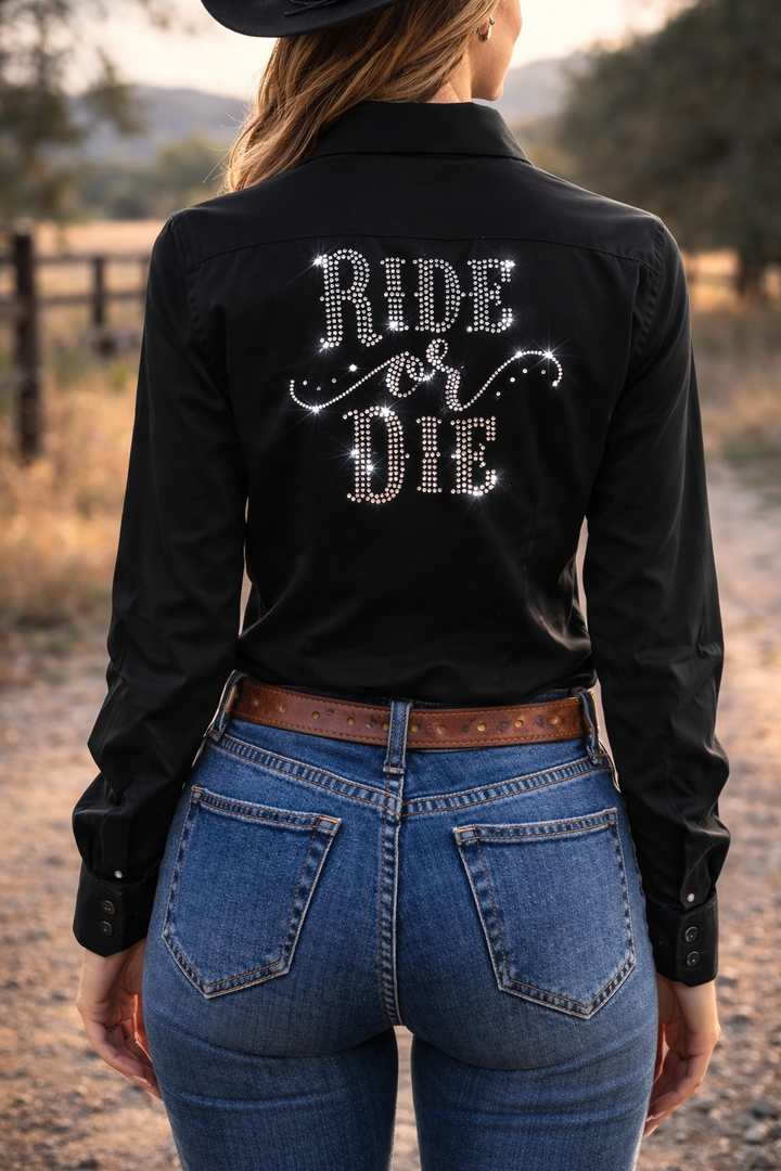 Ride Or Die Button Up Rodeo Shirt -Black