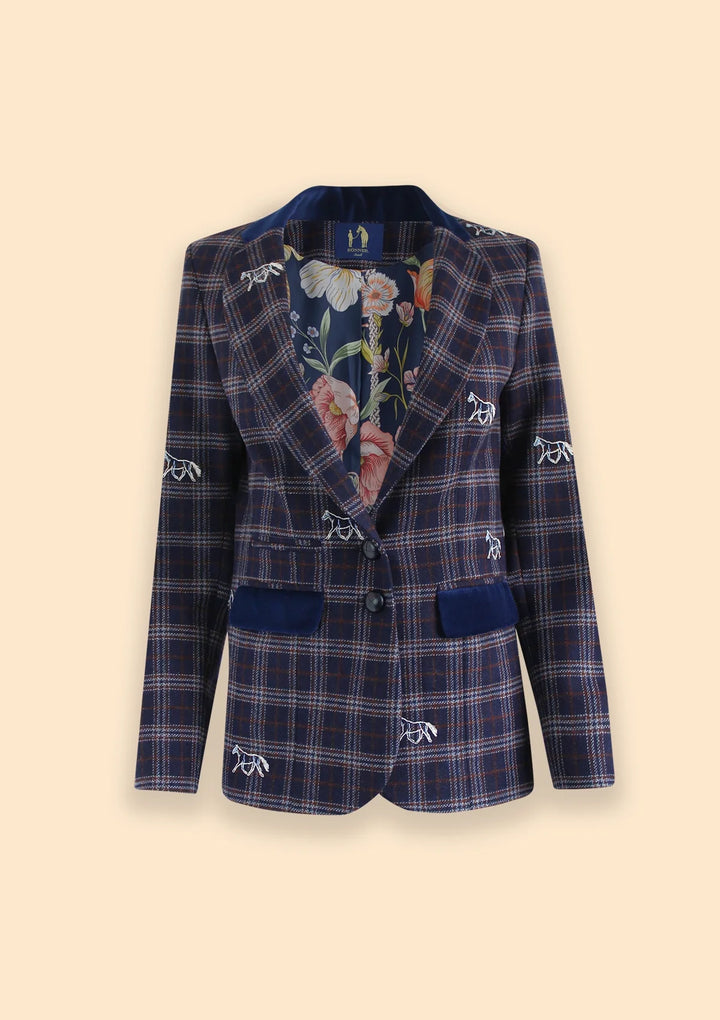 Cavaletti Blazer | Embroidered Italian Wool | Navy Plaid
