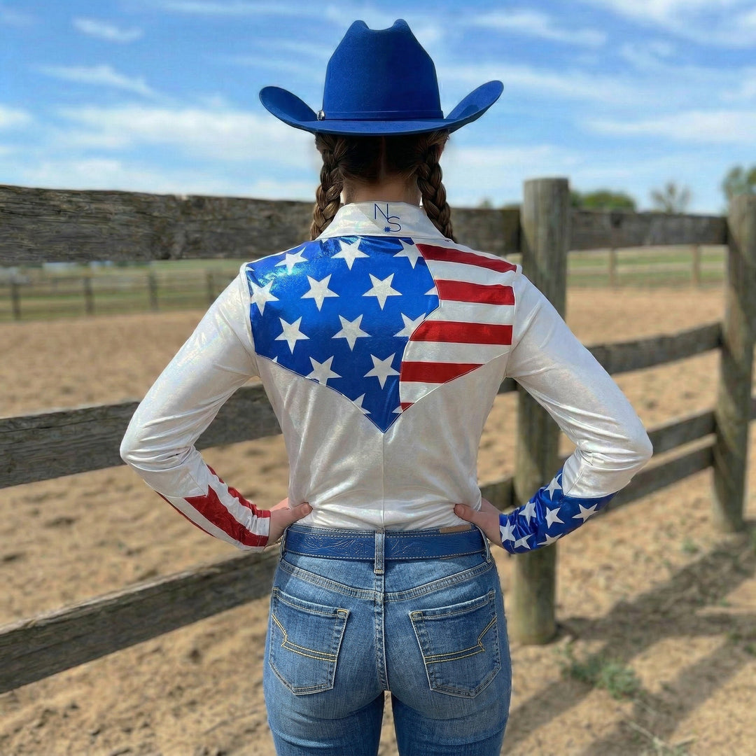 Neon Spur American Pie Metallic Western Pearl Snap Rodeo Shirt Neon Spur