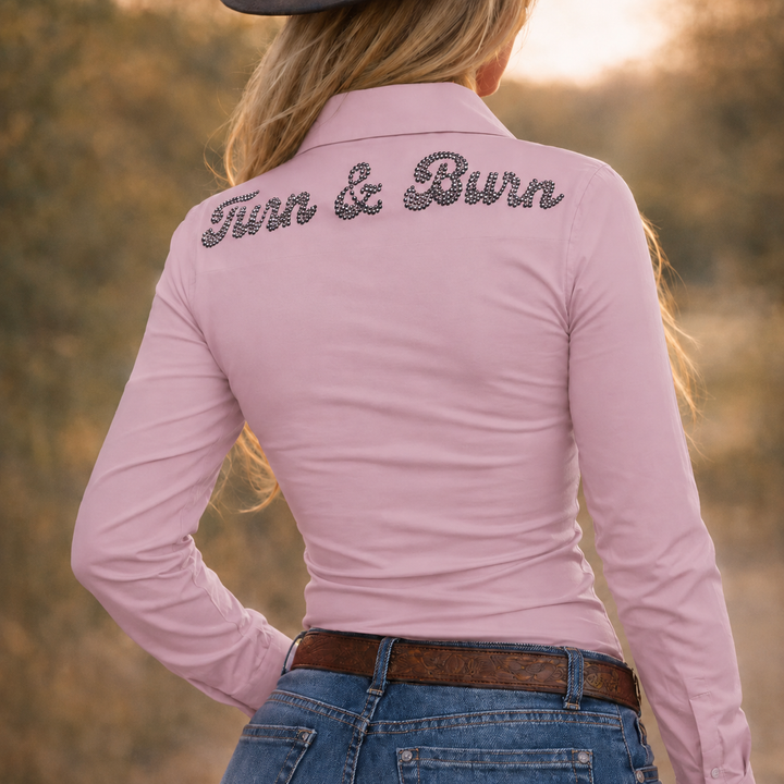 Turn & Burn Black Crystal Rhinestone Button Up 4 Way Stretch Rodeo Shirt - Light Pink Neon Spur