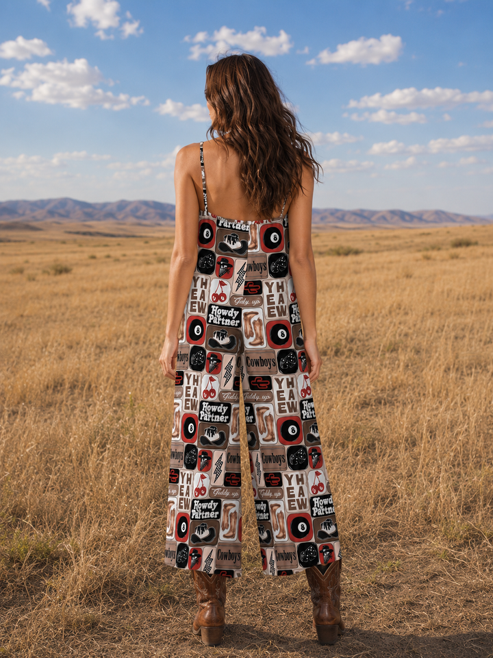 Howdy Partner Satin Spaghetti Strap Jumpsuit Neon Spur