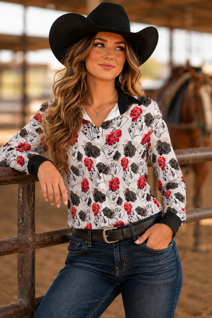 The Ace Of Roses Satin Button Up Rodeo Shirt Blouse Neon Spur