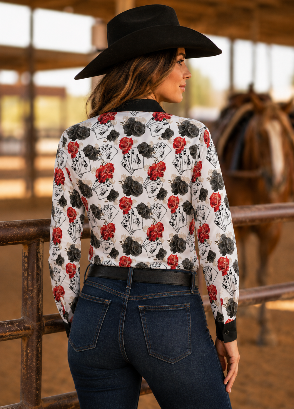 The Ace Of Roses Satin Button Up Rodeo Shirt Blouse Neon Spur