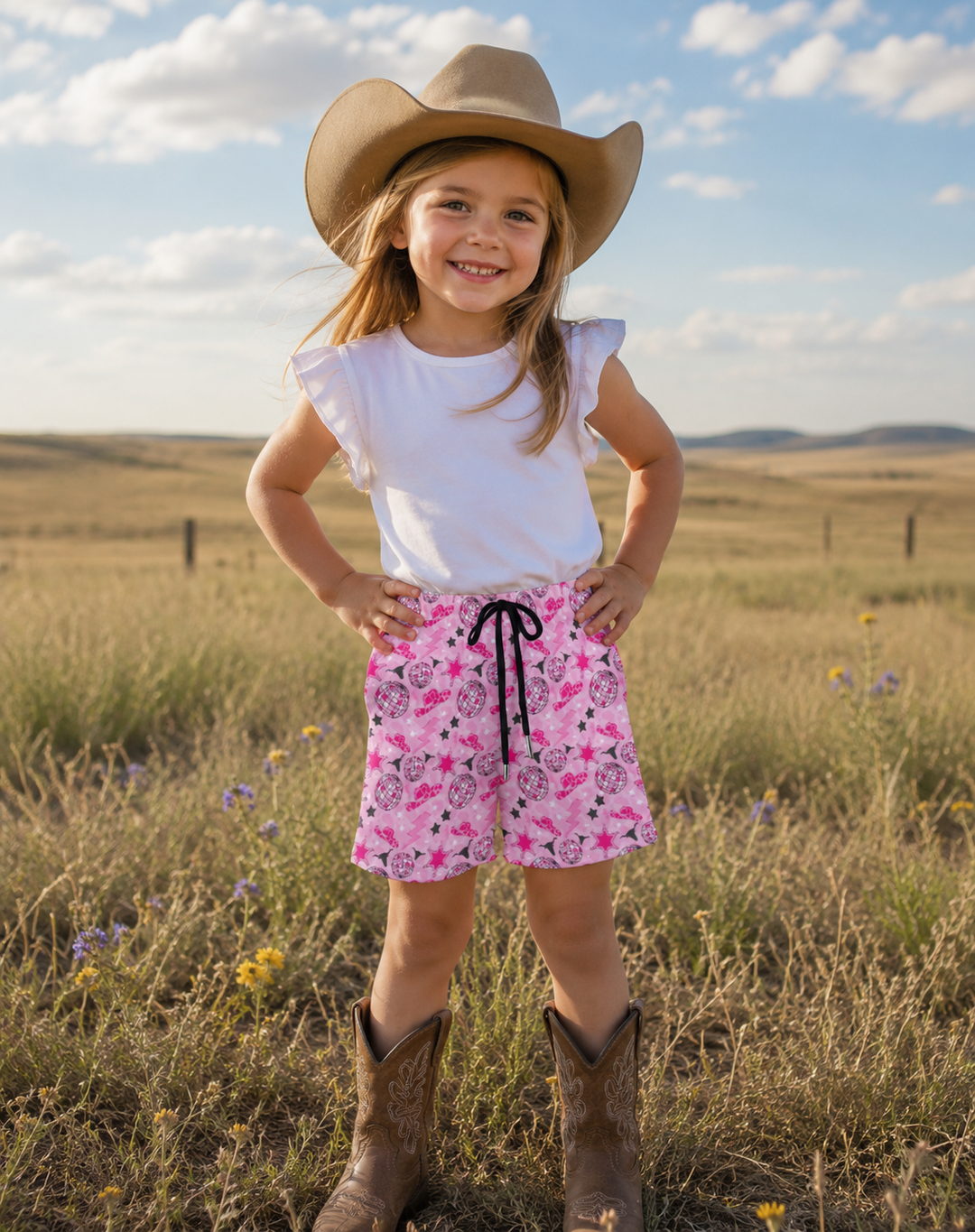 Disco Cowgirl Girls Drawstring Athletic Shorts Neon Spur