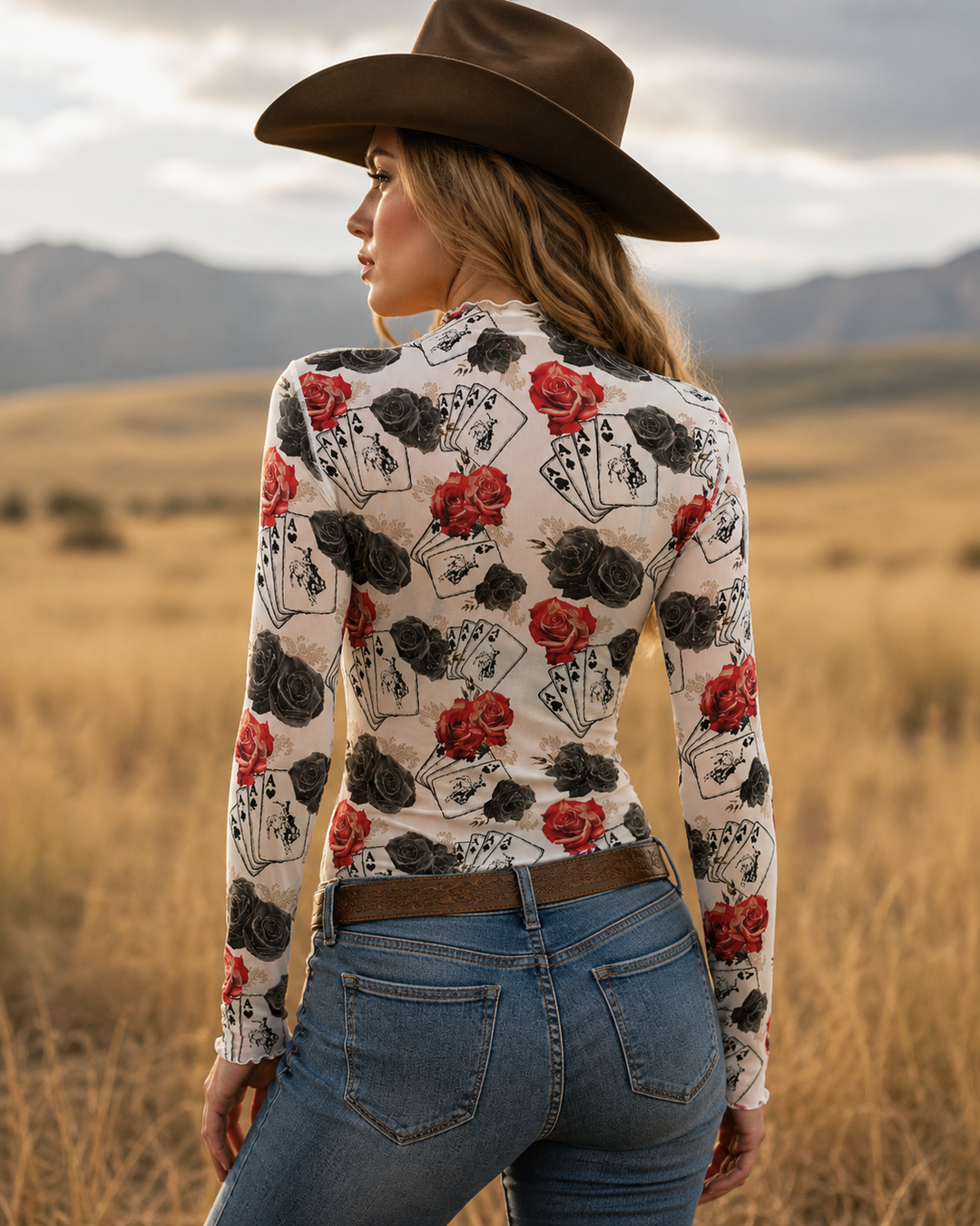 Ace Of Roses Long Sleeve Mesh Top Neon Spur