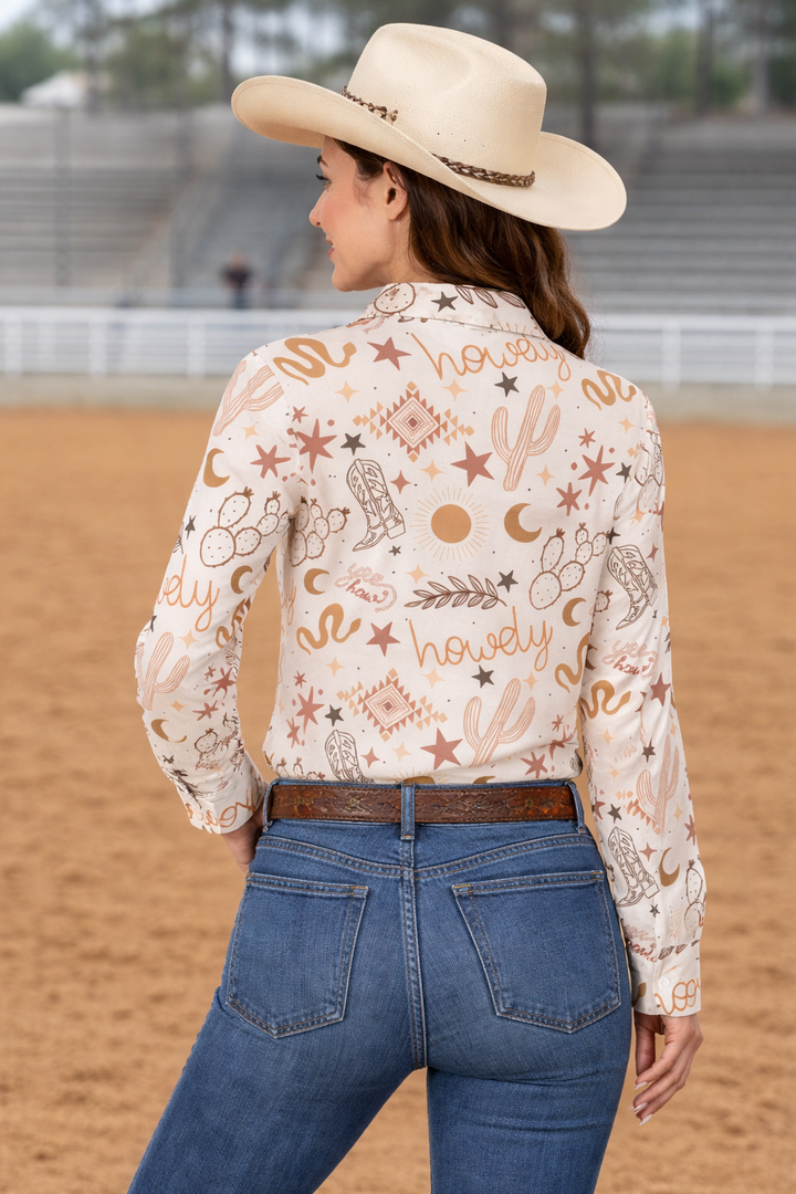 Yeehaw Howdy Button Up Rodeo Shirt Neon Spur