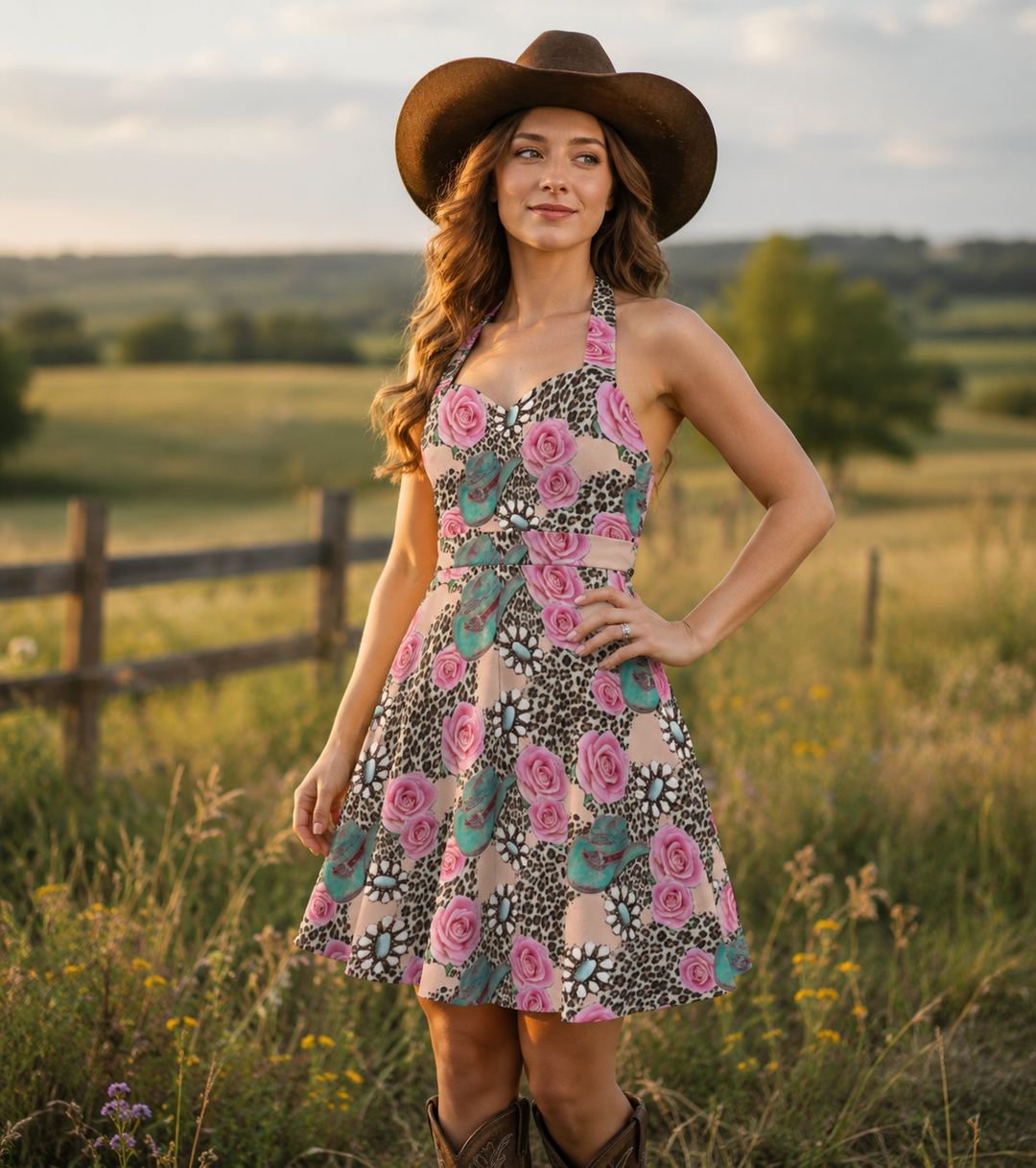 Run Wild Rose Halter Dress Neon Spur