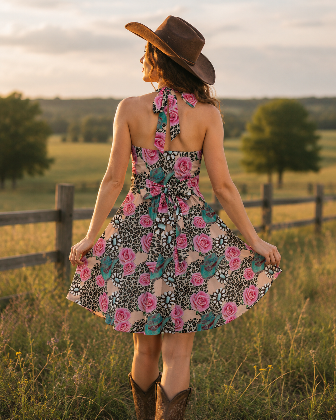 Run Wild Rose Halter Dress Neon Spur