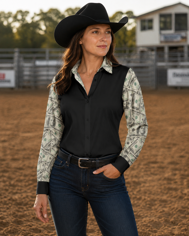 Runnin' For The Benjis Button Up Rodeo Shirt Blouse Neon Spur