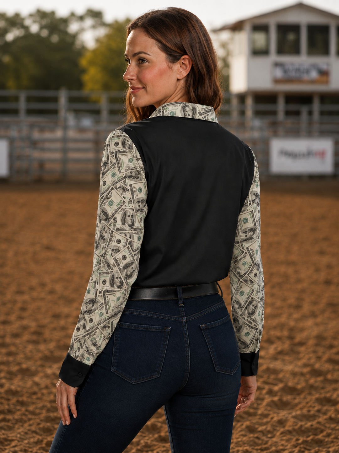 Runnin' For The Benjis Button Up Rodeo Shirt Blouse Neon Spur