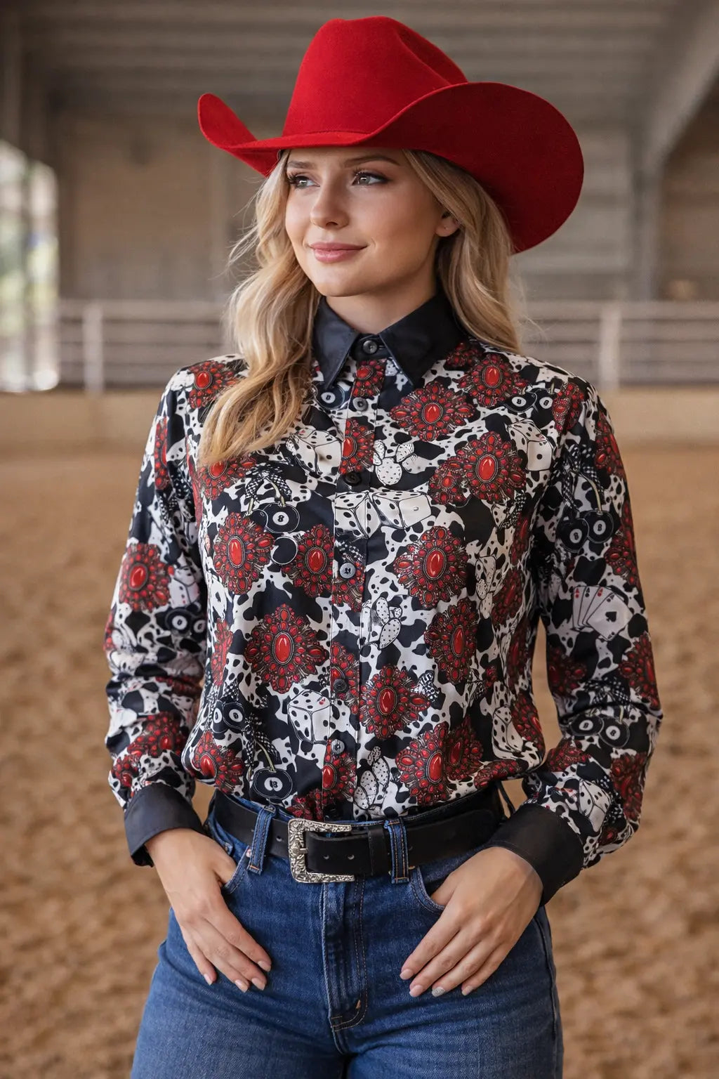 Neon Rodeo Shirt Design Neon Spur Red Ace Cowgirl Satin Button-Up Rodeo Shirt - Neon Spur