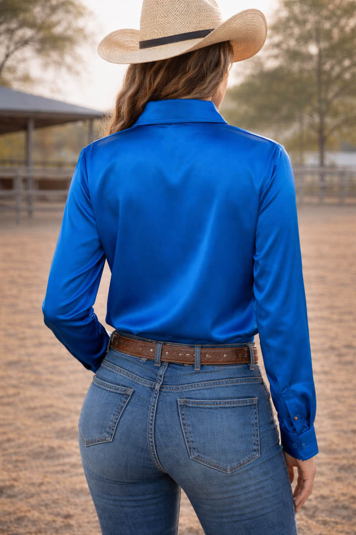 High Roller Rhinestone Matte Satin Button Up Rodeo Shirt Neon Spur