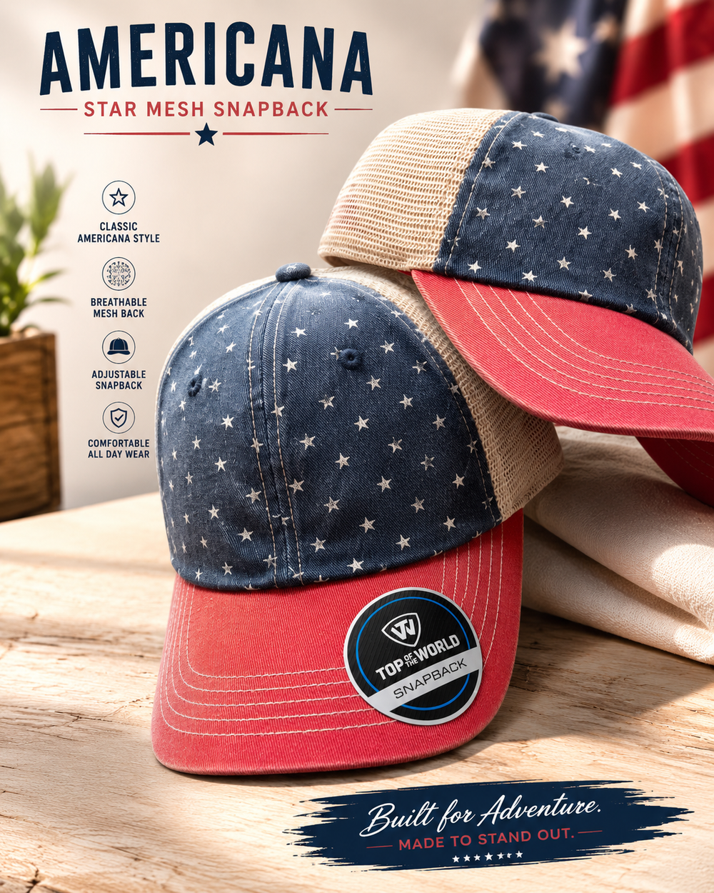 Americana Star Mesh Snapback Hat Ocean & 7th