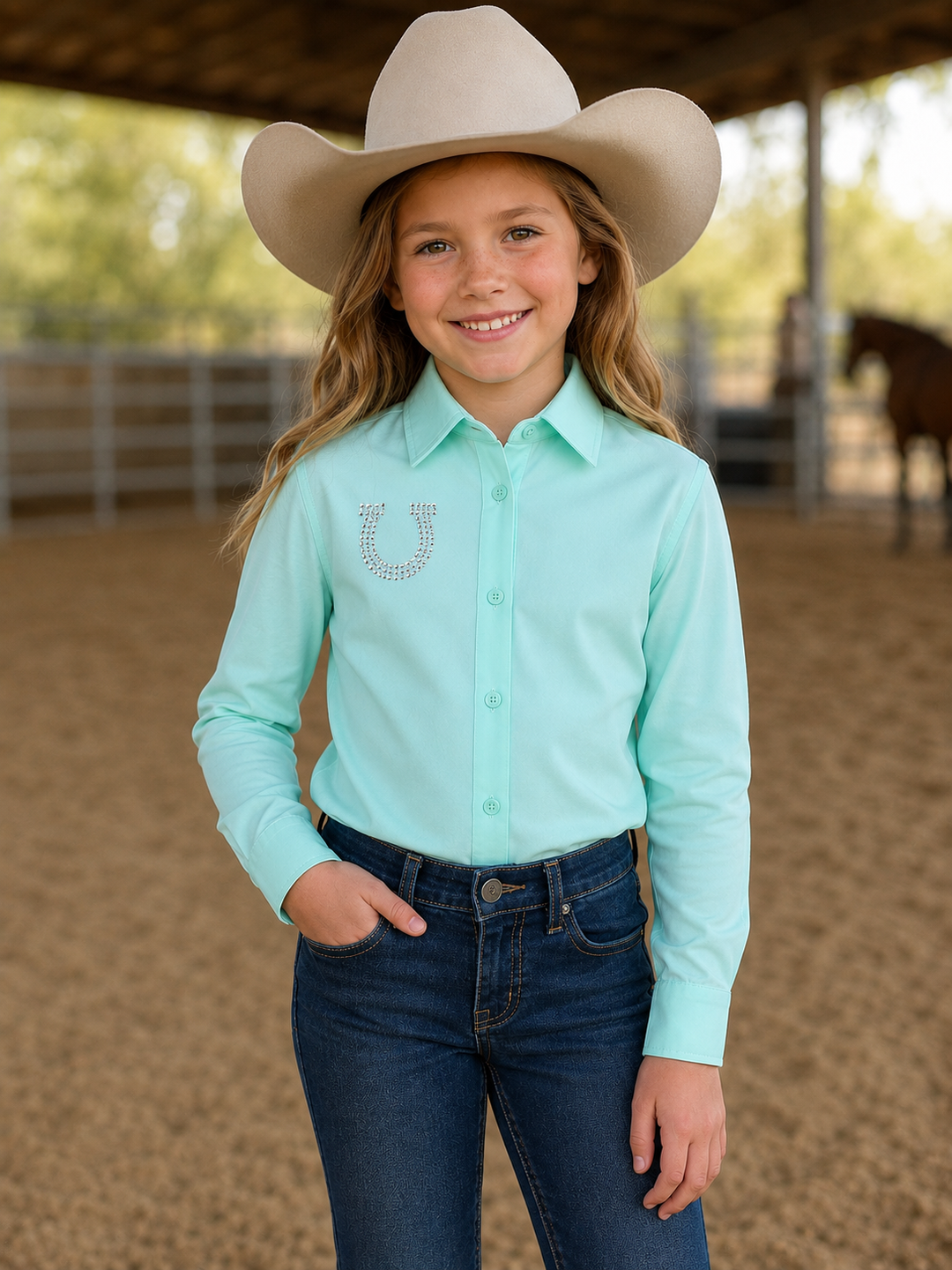 Lucky Charm Rhinestone Horseshoe Girls Button Up Rodeo Shirt Blouse Neon Spur