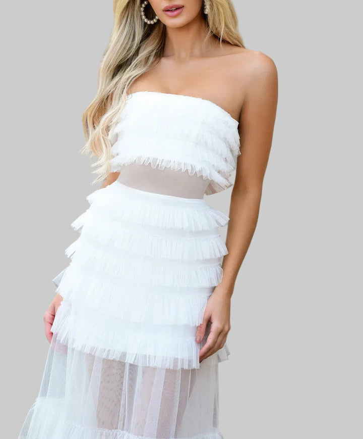 Georgia Maxi Dress - White - Ruffle Tulle Dress With Sheer Detail