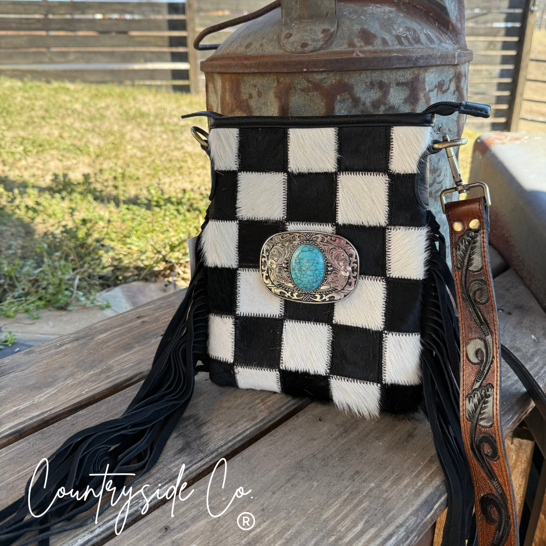 Bandit Checkered Buckle Fringe Purse
