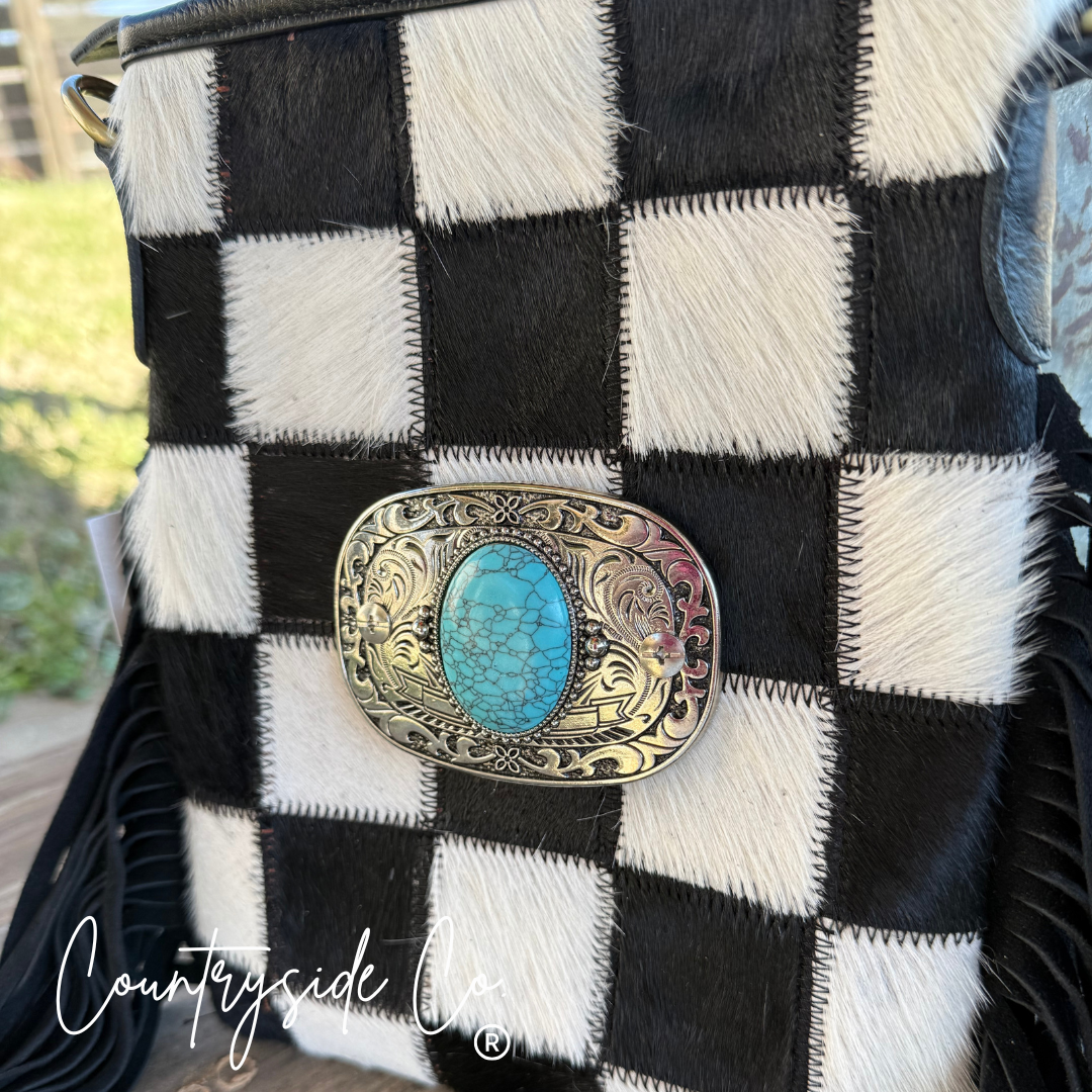 Bandit Checkered Buckle Fringe Purse