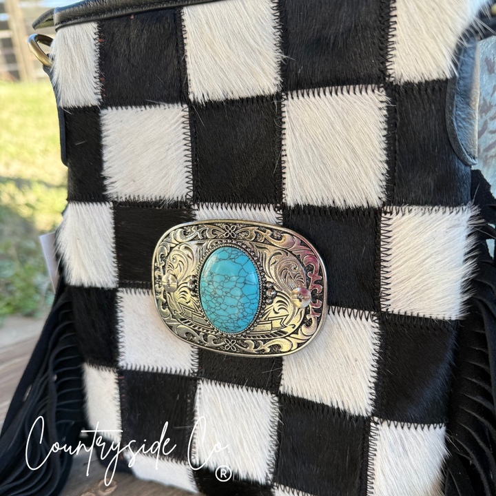 Bandit Checkered Buckle Fringe Purse