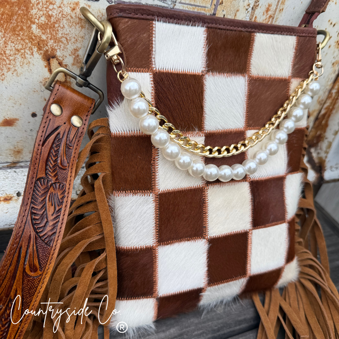 Whiskey Luxe Checkered Cowhide Fringe Purse Countryside Co.