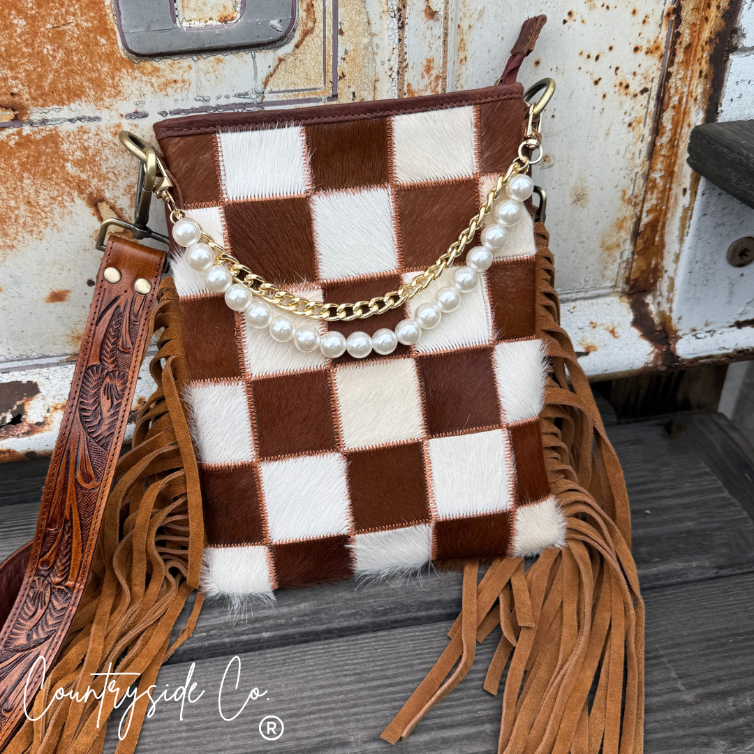 Whiskey Luxe Checkered Cowhide Fringe Purse Countryside Co.
