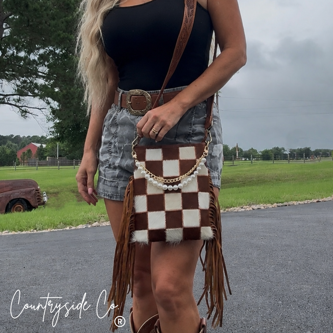 Whiskey Luxe Checkered Cowhide Fringe Purse Countryside Co.