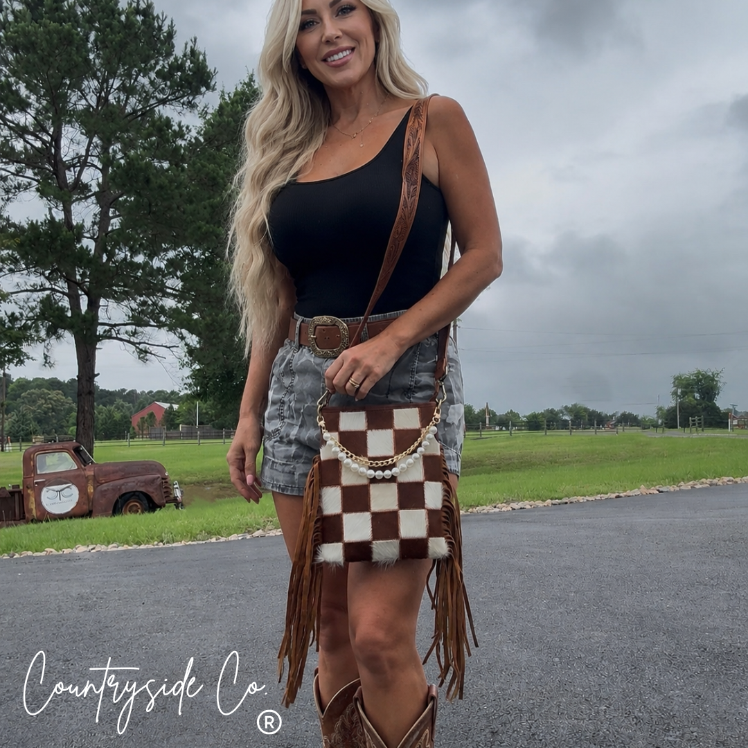 Whiskey Luxe Checkered Cowhide Fringe Purse Countryside Co.