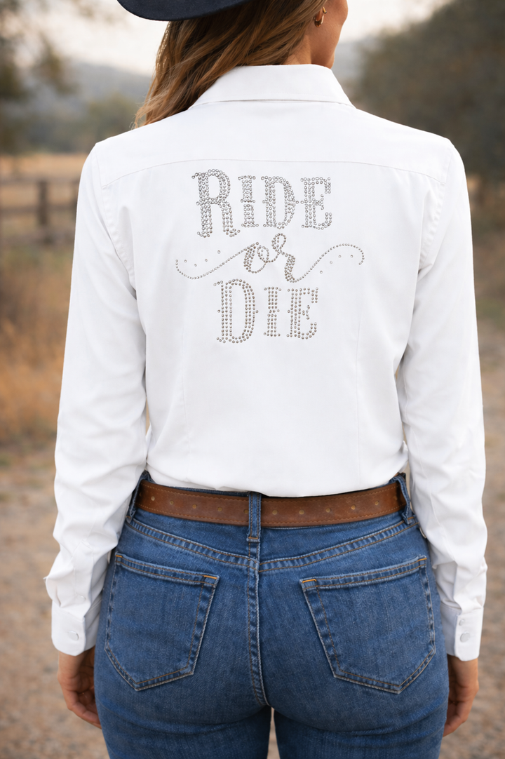 Ride Or Die Rhinestone Cotton Blend Button Up Rodeo Shirt - White