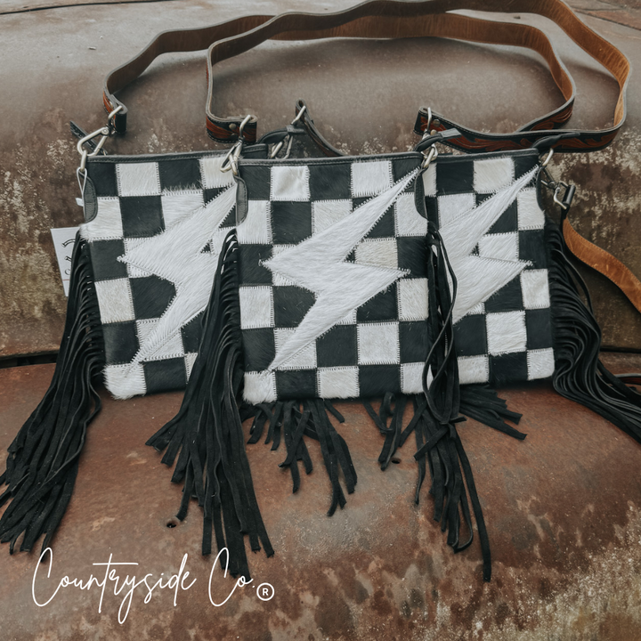 Grit and Glam Stockyards Cowhide Checkered Purse