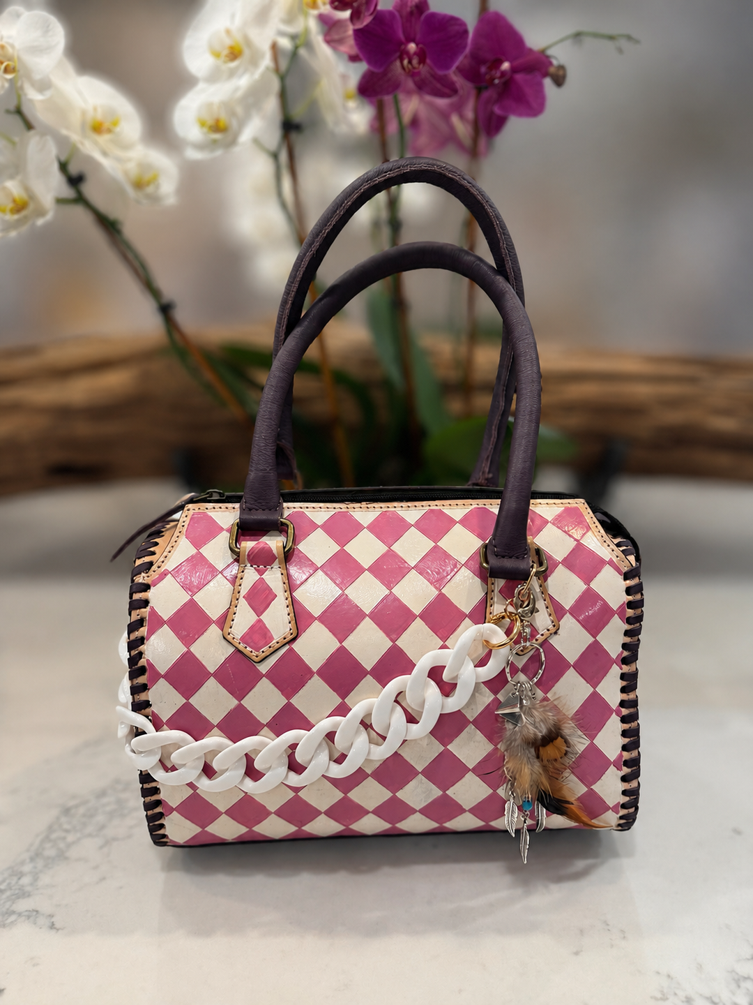 Country Lilac Checkered Speedy Western Genuine Leather Purse Neon Spur
