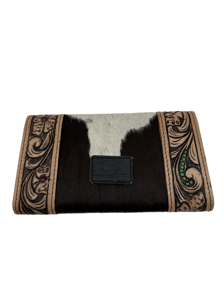 Tooled Leather Feather Detail Hair On Hide Wallet