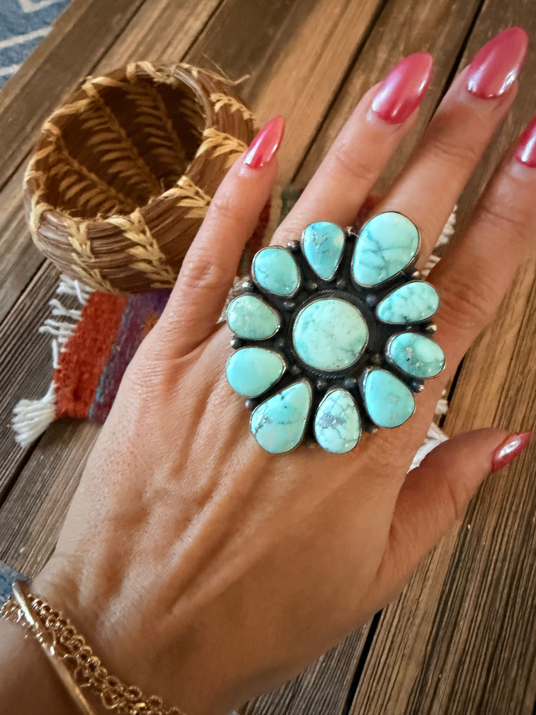 Handcrafted Carico Lake Turquoise & Sterling Silver Cluster Ring -Size 8.75 by Sheila Becenti Nizhoni Traders LLC