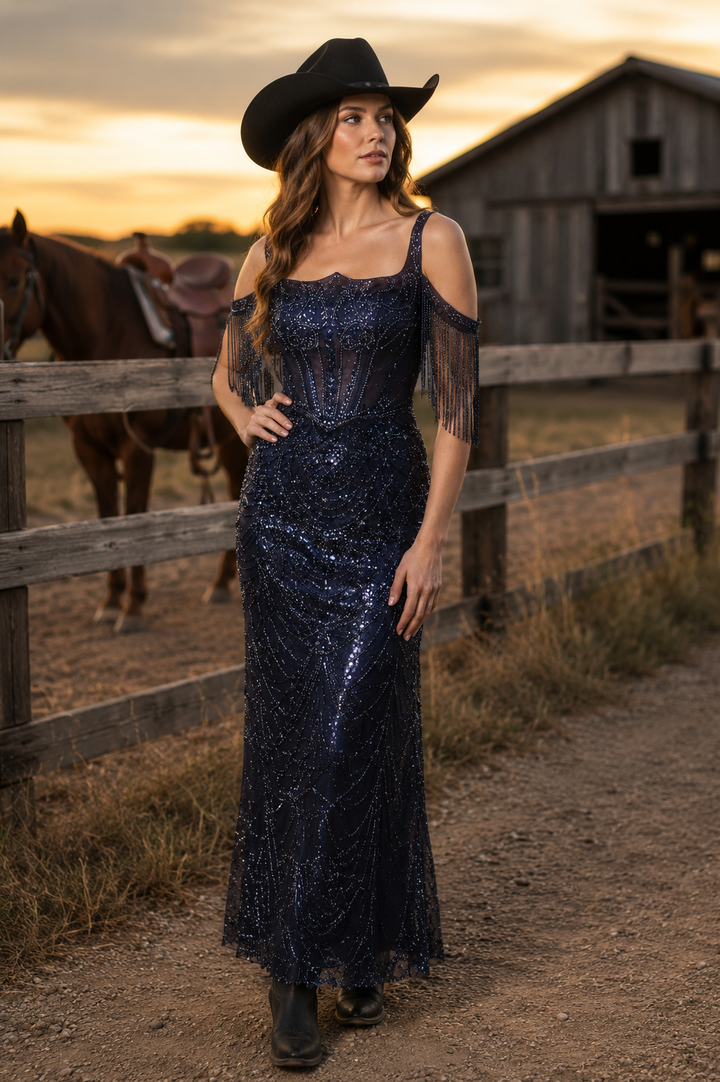 Andrea & Leo A1511 Fitted Column Dress Cold Shoulder Straps Sequin Motifs DiscountDressShop