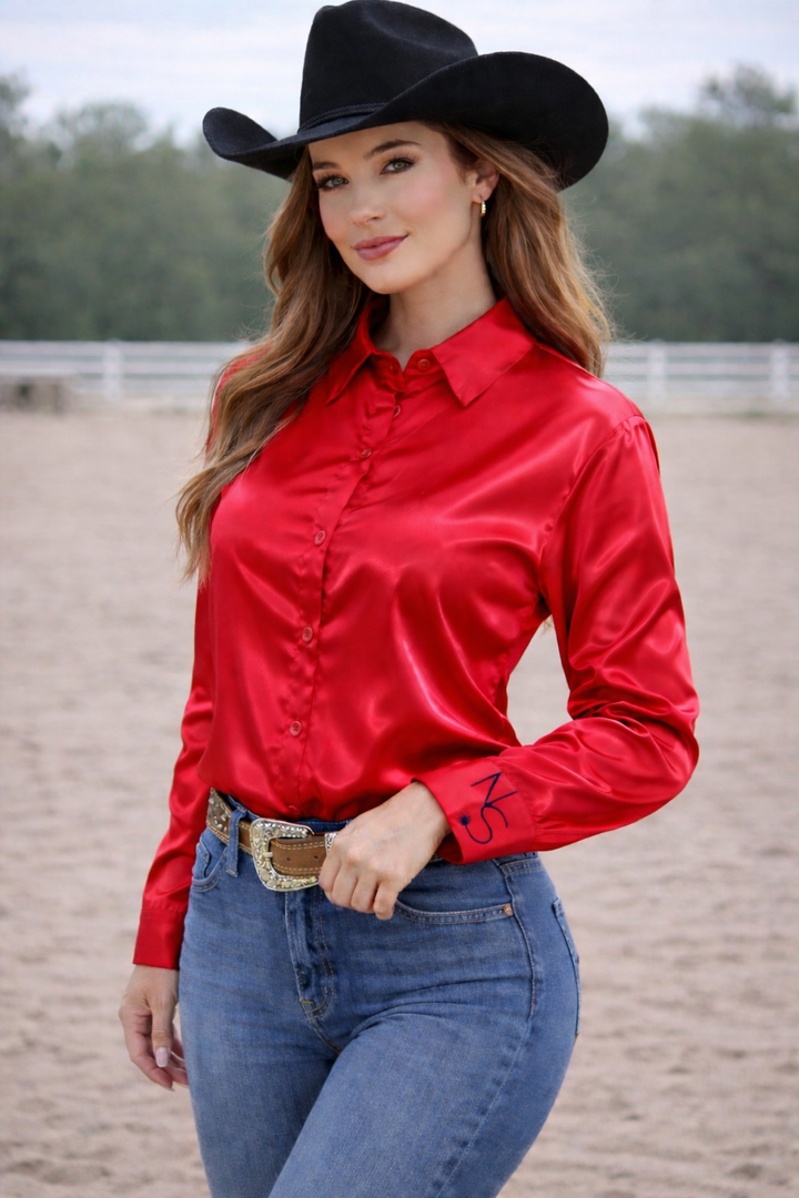 Neon Spur Embroidered Logo Satin Button Up Rodeo Shirt -Red