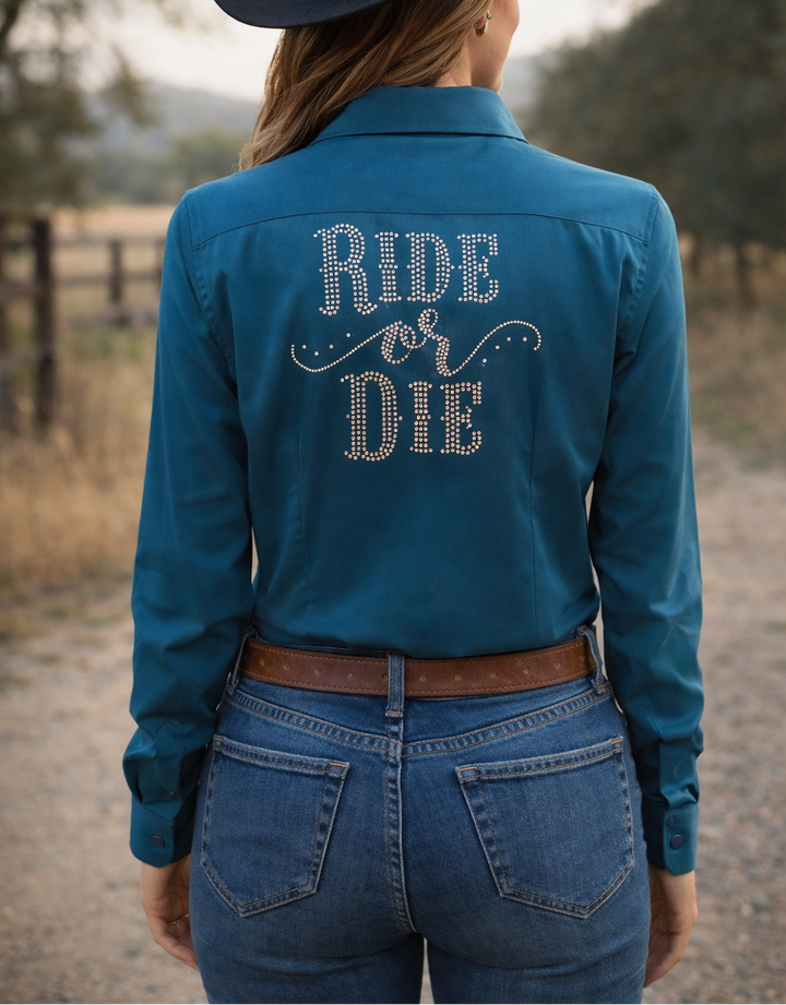Ride Or Die Rhinestone Cotton Blend Button Up Rodeo Shirt -Peacock Blue