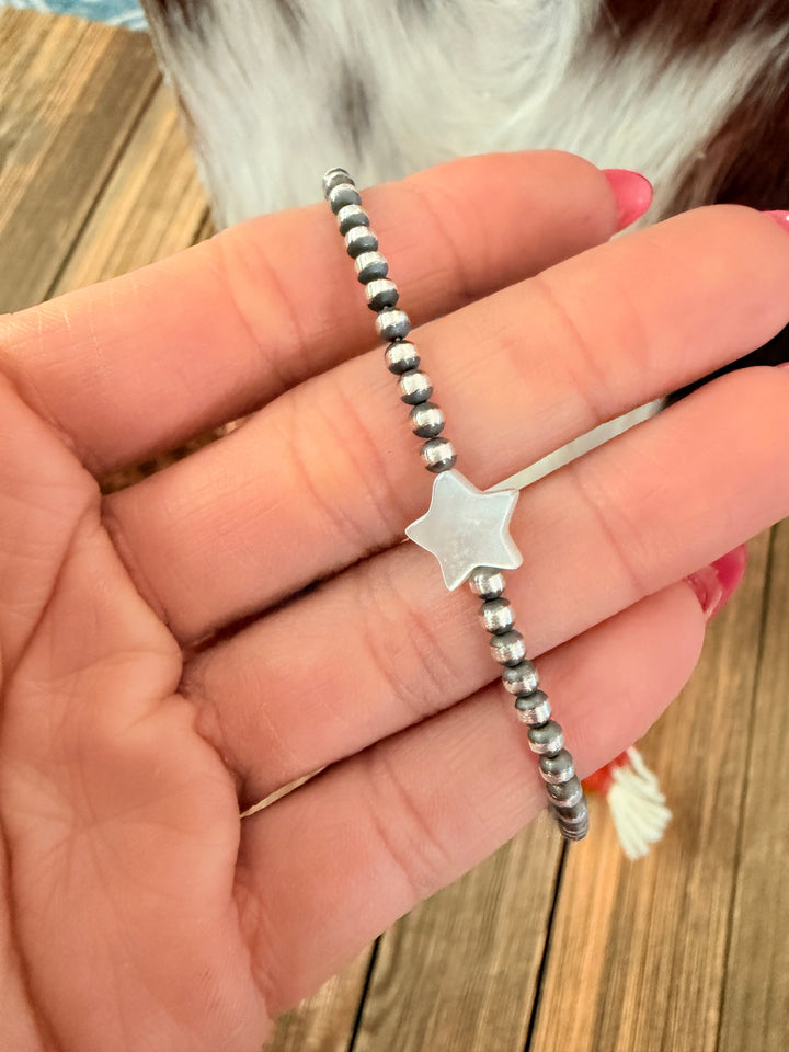 Handcrafted Mother of Pearl and Sterling Silver Pearl Star Beaded Necklace Nizhoni Traders LLC
