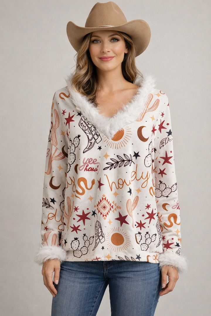 Howdy Faux Fur Trimmed Top Neon Spur