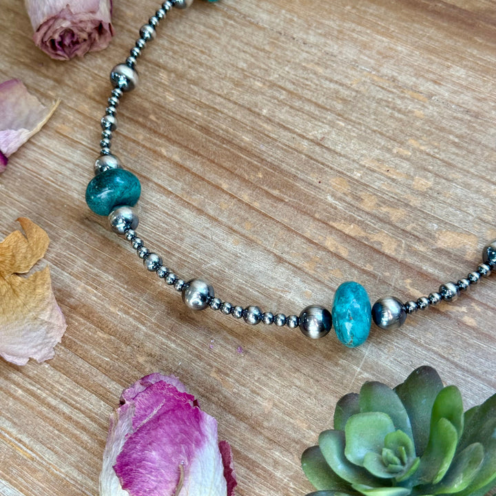 18.5” Turquoise & Sterling Silver Pearls Necklace