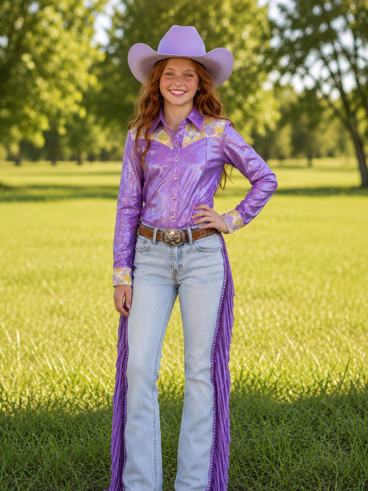 Girls Daphne Purple Metallic Pearl Snap Rodeo Shirt Neon Spur