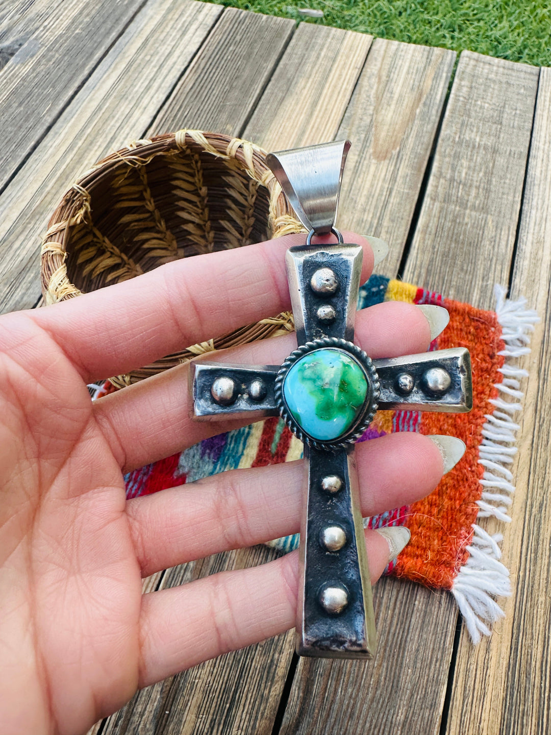 Handcrafted Sonoran Mountain Turquoise & Sterling Silver Cross Pendant by Chimney Butte