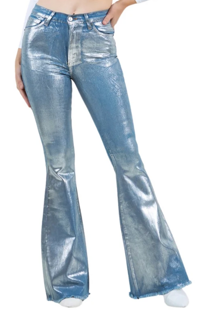 Silver Metallic Bell Bottom Blue Jeans GJG DENIM